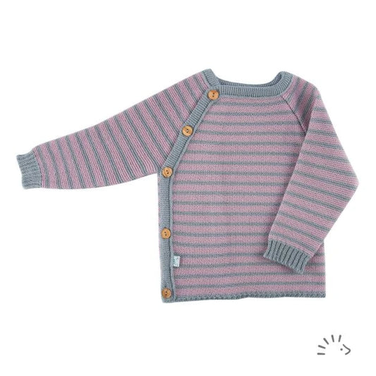 Popolini | Wrap-around shirt organic wool knit | Pink Grey striped